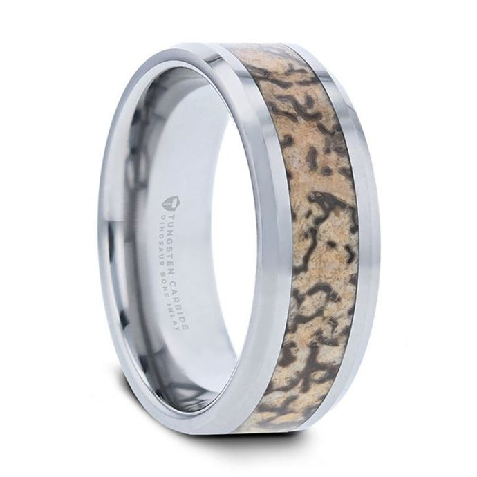 Authentic Brown Dinosaur Bone Inlay Tungsten Wedding Ring