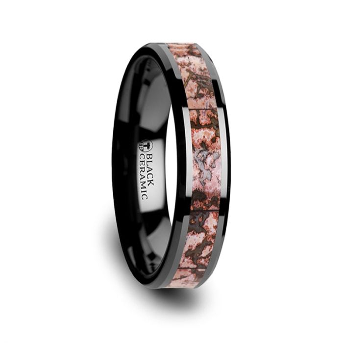Pink Dinosaur Bone Black Ceramic Wedding Ring