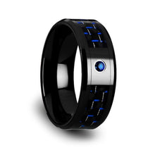 Load image into Gallery viewer, Black Blue Carbon Fiber Inlay Ceramic Wedding Ring with Blue Sapphire Gem