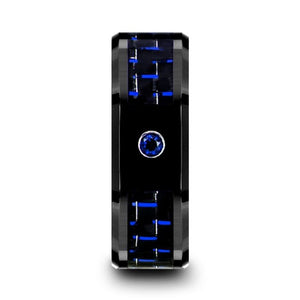 Black Blue Carbon Fiber Inlay Ceramic Wedding Ring with Blue Sapphire Gem