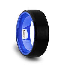 Load image into Gallery viewer, Flat Brushed Black Ceramic Ring with Polished Blue Underside