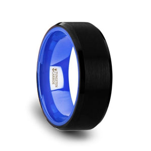 Flat Brushed Black Ceramic Ring with Polished Blue Underside