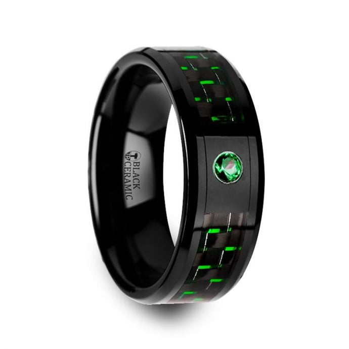 Green Carbon Fiber Inlay Black Ceramic Ring with Emerald Gemstone