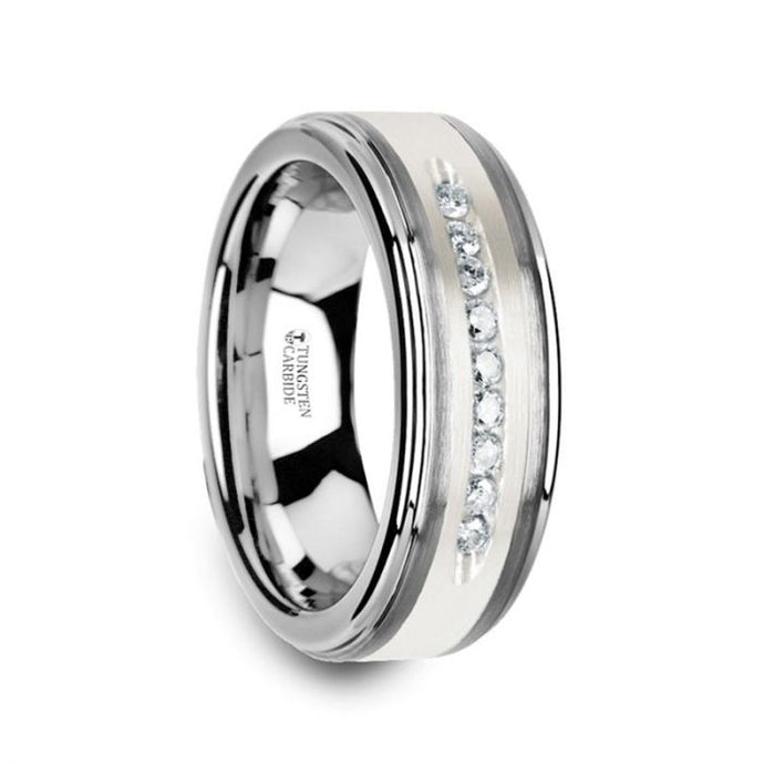 9 Diamond Tungsten Wedding Band with Brushed Silver Raised Center