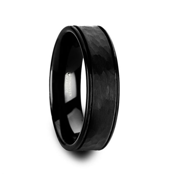 Grooved Black Tungsten Carbide Ring with Hammer Finish Center