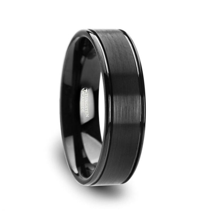 Brushed Finish Black Tungsten Carbide Ring with Grooved Edges