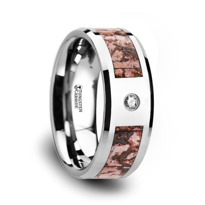 Pink Dinosaur Bone Inlay Tungsten Carbide Wedding Ring with Diamond