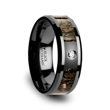 Load image into Gallery viewer, Brown Dinosaur Fossil Bone Black Ceramic Ring with White Diamond