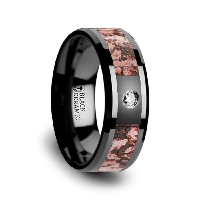 Pink Dinosaur Bone Inlay Black Ceramic Wedding Ring with Diamond