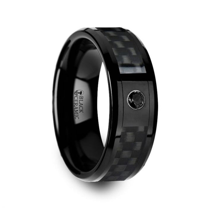Black Carbon Fiber Ceramic Ring with Black Diamond