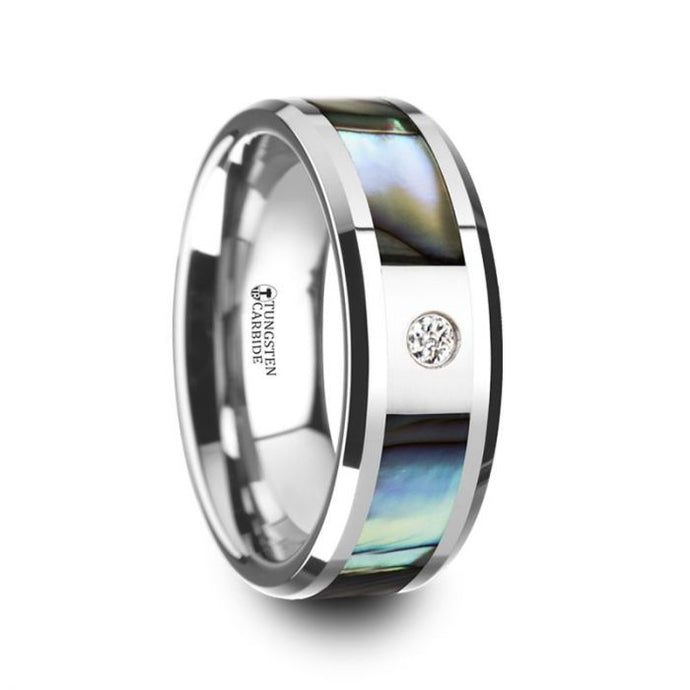 Mother of Pearl Inlay Tungsten Ring with White Diamond