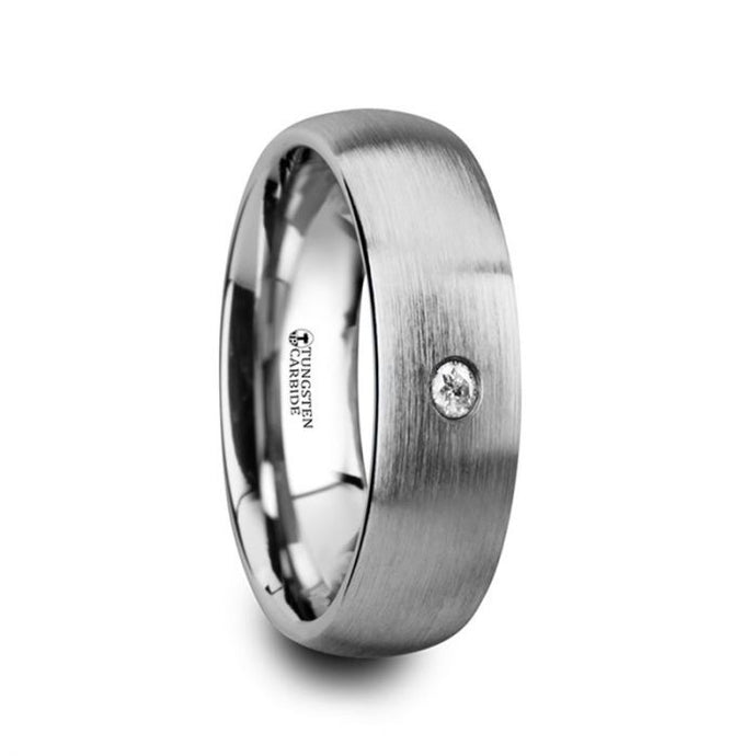 White Diamond Tungsten Wedding Band Domed Brushed