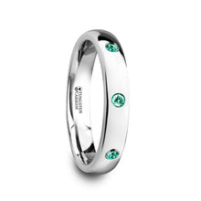 Load image into Gallery viewer, Domed Tungsten Wedding Ring with 3 Emerald Gemstones