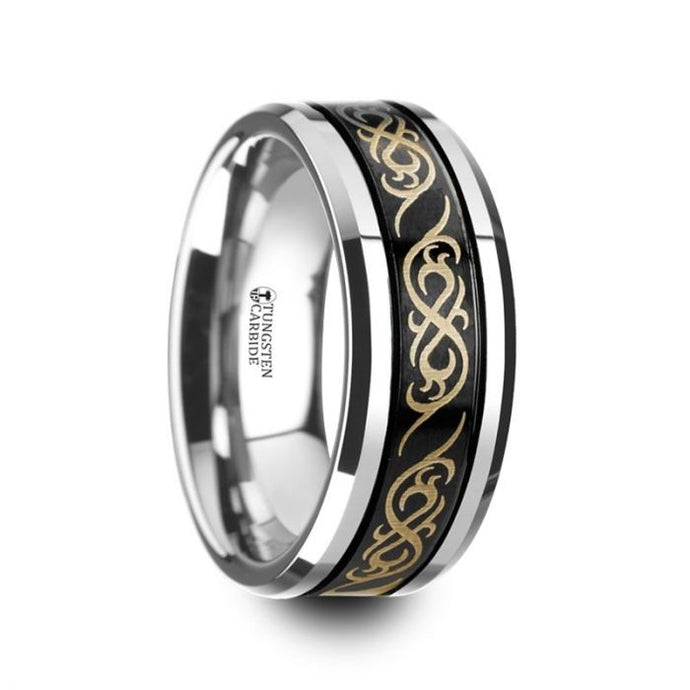 Celtic Pattern Tungsten Ring with Black Center and Grooved Edge