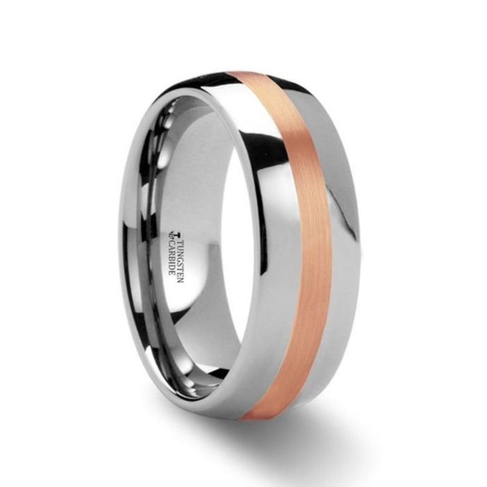 Domed Tungsten Wedding Band with Rose Gold Stripe