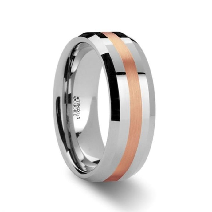 Rose Gold Inlay Tungsten Carbide Ring, Beveled Edges