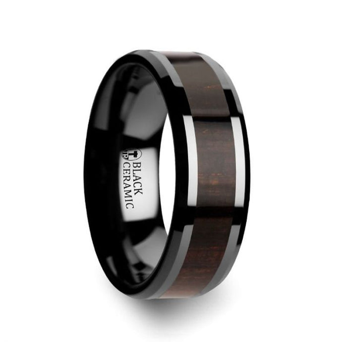 Rare Black Ebony Wood Ceramic Ring, Beveled