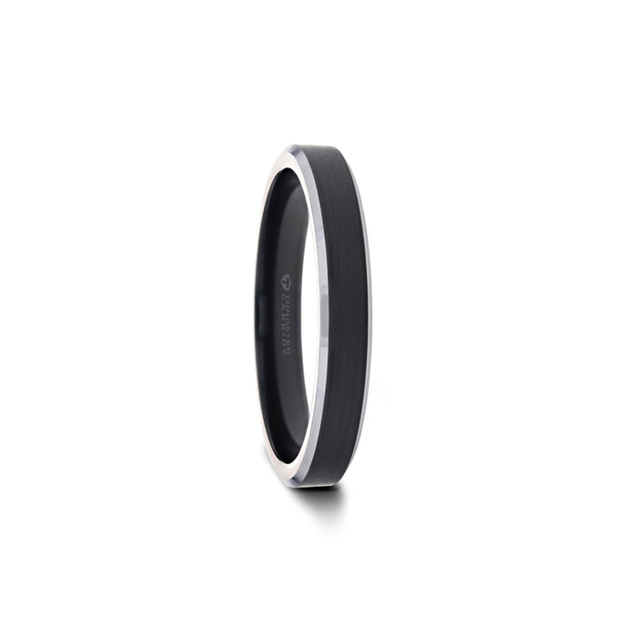 Black Tungsten Ring with Polished Silver Edges