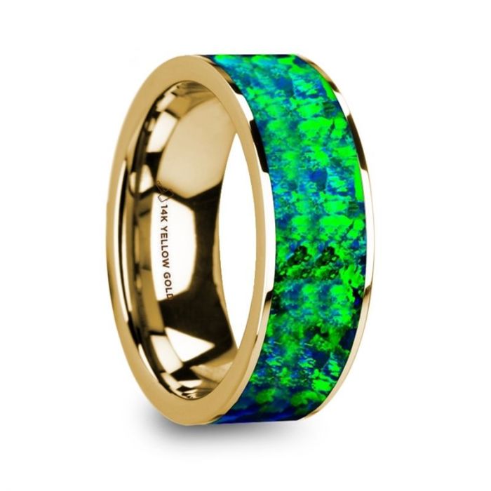 Green Blue Opal Inlay 14K Yellow Gold Engagemnt Ring, Wedding Band
