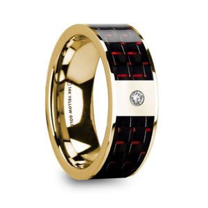Black Red Carbon Fiber 14K Yellow Gold Ring with Diamond