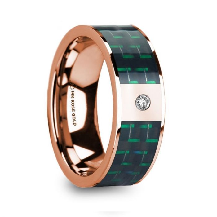 Black Green Carbon Fiber Inlay Rose Gold Ring with Diamond, 14K
