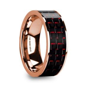 Red Black Carbon Fiber Inlay 14K Rose Gold Ring, Flat