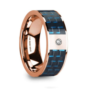 Black Blue Carbon Fiber Inlay Rose Gold Ring with Diamond, 14K, Flat
