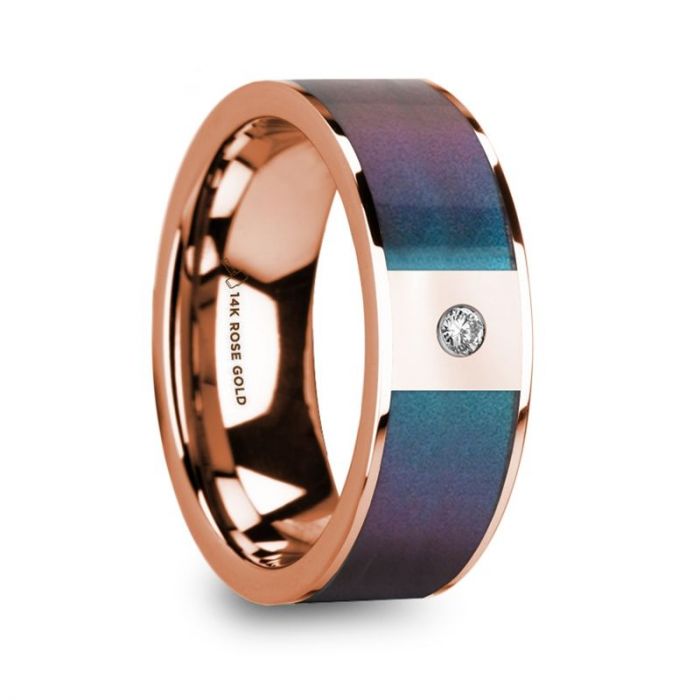 Color Changing Purple Blue Inlay Rose Gold Band with White Diamond