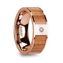 Load image into Gallery viewer, Red Oak Wood Inlay Rose Gold Ring with Diamond, 14K, Flat
