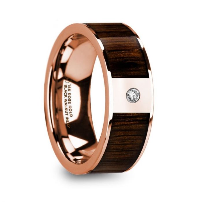 Black Walnut Wood Inlay Rose Gold Ring with White Diamond, 14K