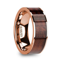 Load image into Gallery viewer, Red Wood Inlay 14K Rose Gold Wedding Ring, Flat