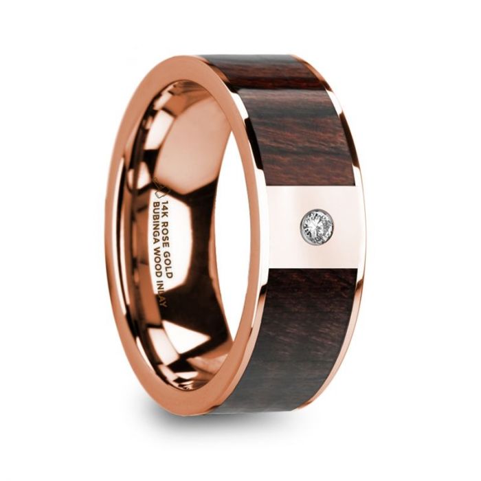 Bubinga Wood Rose Gold Ring with Diamond, 14K, Flat
