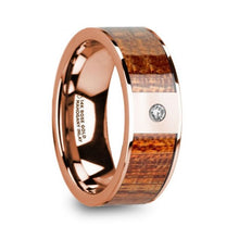 Load image into Gallery viewer, Mahogany Wood Inlay Rose Gold Wedding Band with Diamond, 14K