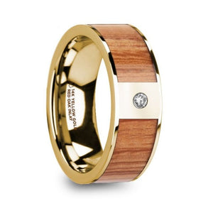Red Oak Wood Inlay Yellow Gold Ring with White Diamond, 14K