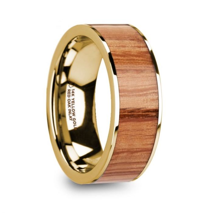 Red Oak Wood Rose Gold Wedding Ring, 14K, Flat