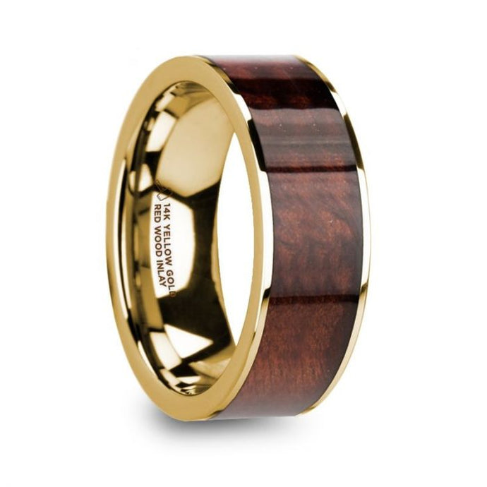 Red Wood Inlay Gold Wedding Band, 14K, Flat, Polished Edges