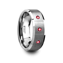 Load image into Gallery viewer, 3 Ruby Brushed Tungsten Carbide Wedding Band, Beveled Edge