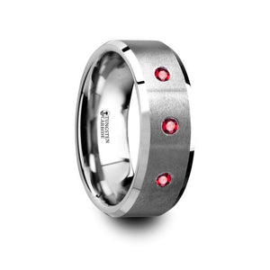 3 Ruby Brushed Tungsten Carbide Wedding Band, Beveled Edge