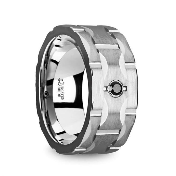 Watch Strap Grooved Tungsten Wedding Ring with Black Diamond