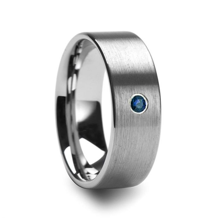 Brushed Finish Tungsten Wedding Ring with Blue Diamond, Flat