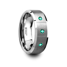 Load image into Gallery viewer, 3 Emerald Brushed Finish Tungsten Wedding Band, Beveled Edges