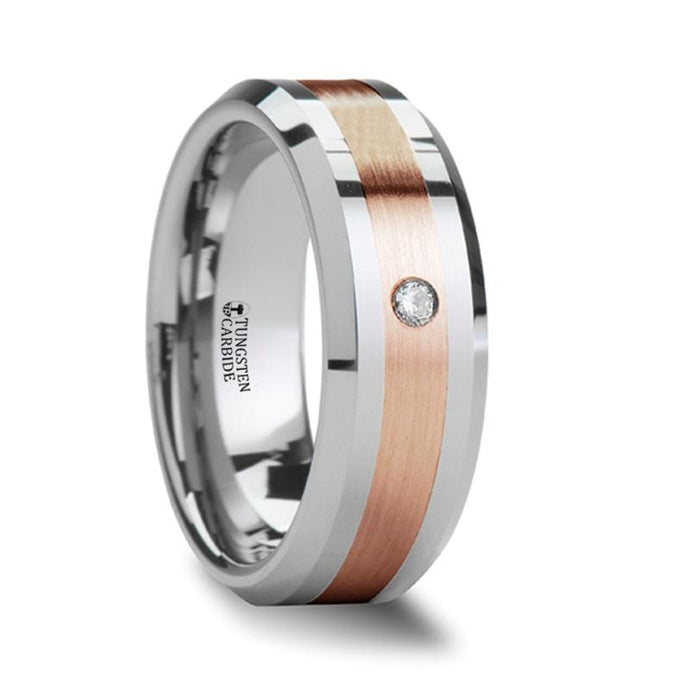 Rose Gold Inlay Tungsten Carbide Ring with White Diamond, Beveled