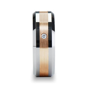 Rose Gold Inlay Tungsten Carbide Ring with White Diamond, Beveled