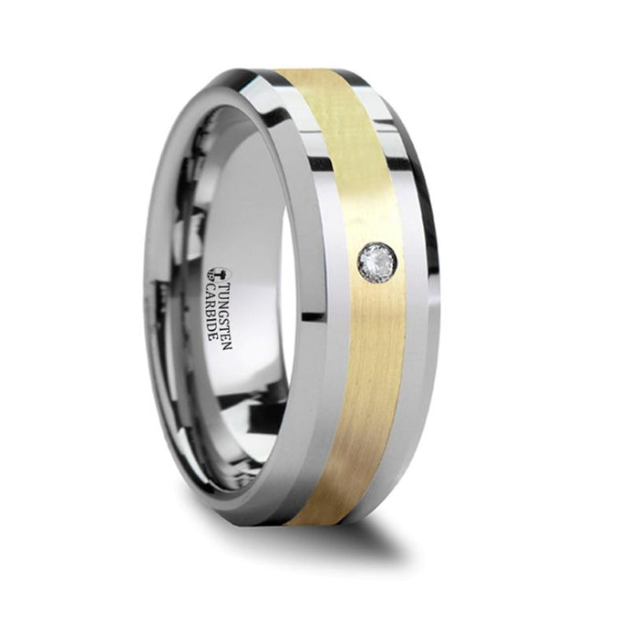 18K Yellow Gold Inlay Tungsten Wedding Ring with Diamond, Beveled