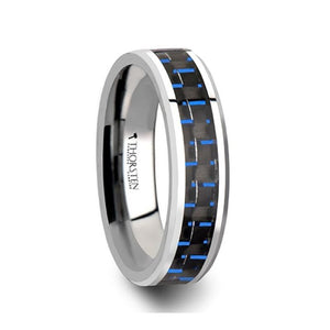 Black Blue Carbon Fiber Center Tungsten Ring