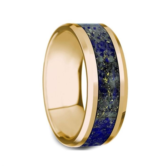 Blue Lapis Lazuli Inlay 14K Yellow Gold Ring, Beveled Edges