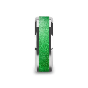 Sparkling Green Inlay Tungsten Wedding Ring, Beveled Edges