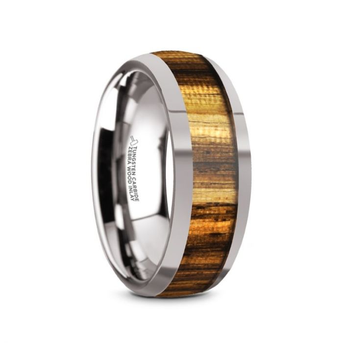 Zebra Wood Inlay Domed Tungsten Carbide Anniversary Ring