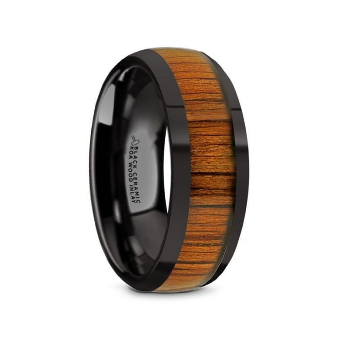 Rare Koa Wood Domed Black Ceramic Wedding Ring