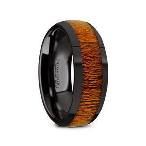 Domed Mahogany Wood Black Ceramic Ring